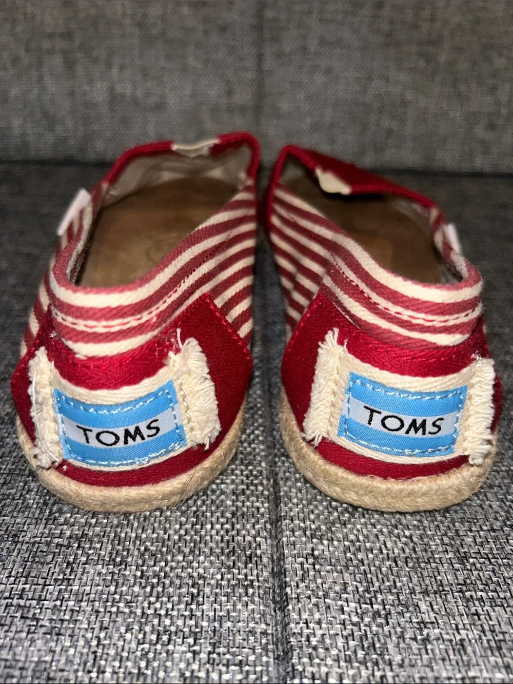Toms Red Canvas Slip-On Flats with Striped Heel
